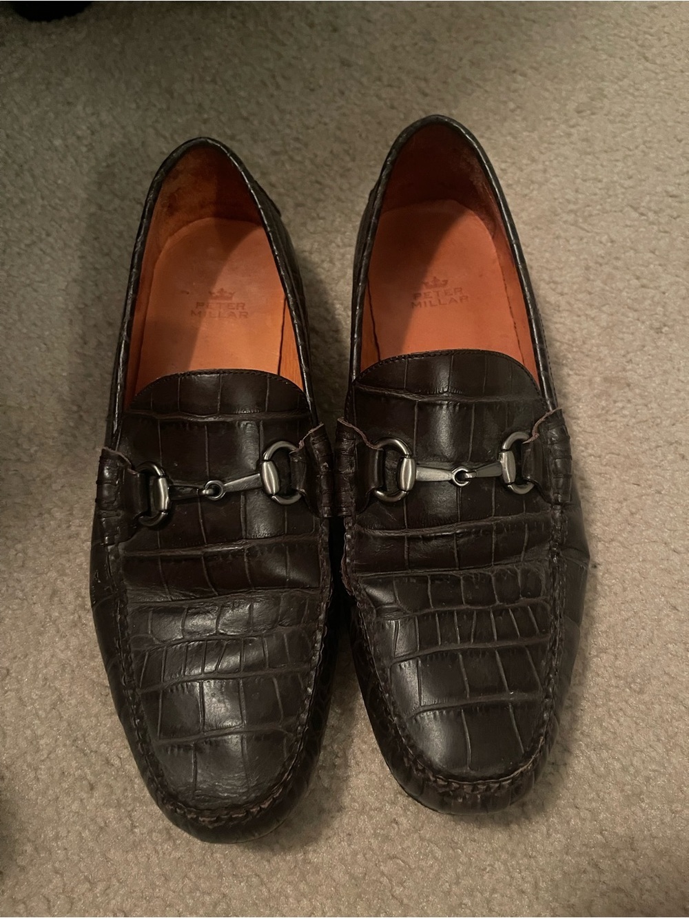 Peter Millar Brown Croc-Embossed Leather Bit Loafers Size 10
